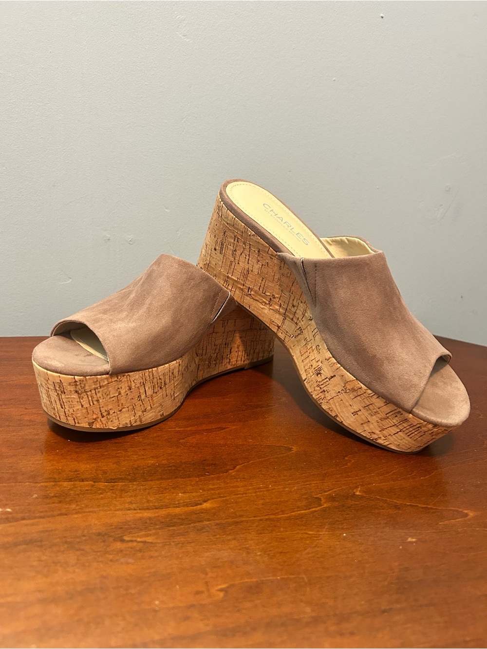 Charles by Charles David Taupe Suede Cork 3 inch Platform Wedge Mules 8M